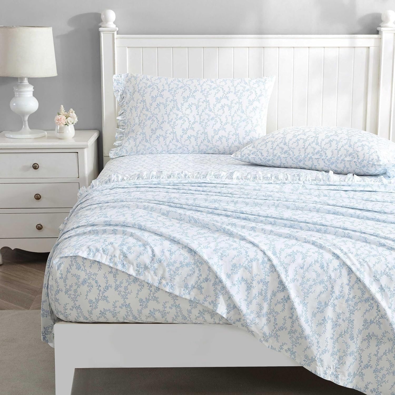 Laura Ashley - Twin XL Size Sheet Set, Crisp Cotton Percale Bedding with Ruffle Pillowcase, Fully Elastic Deep Pocket Fitted Sheet, Floral Room Decor, Breathable All-Season Comfort (Victoria Blue)