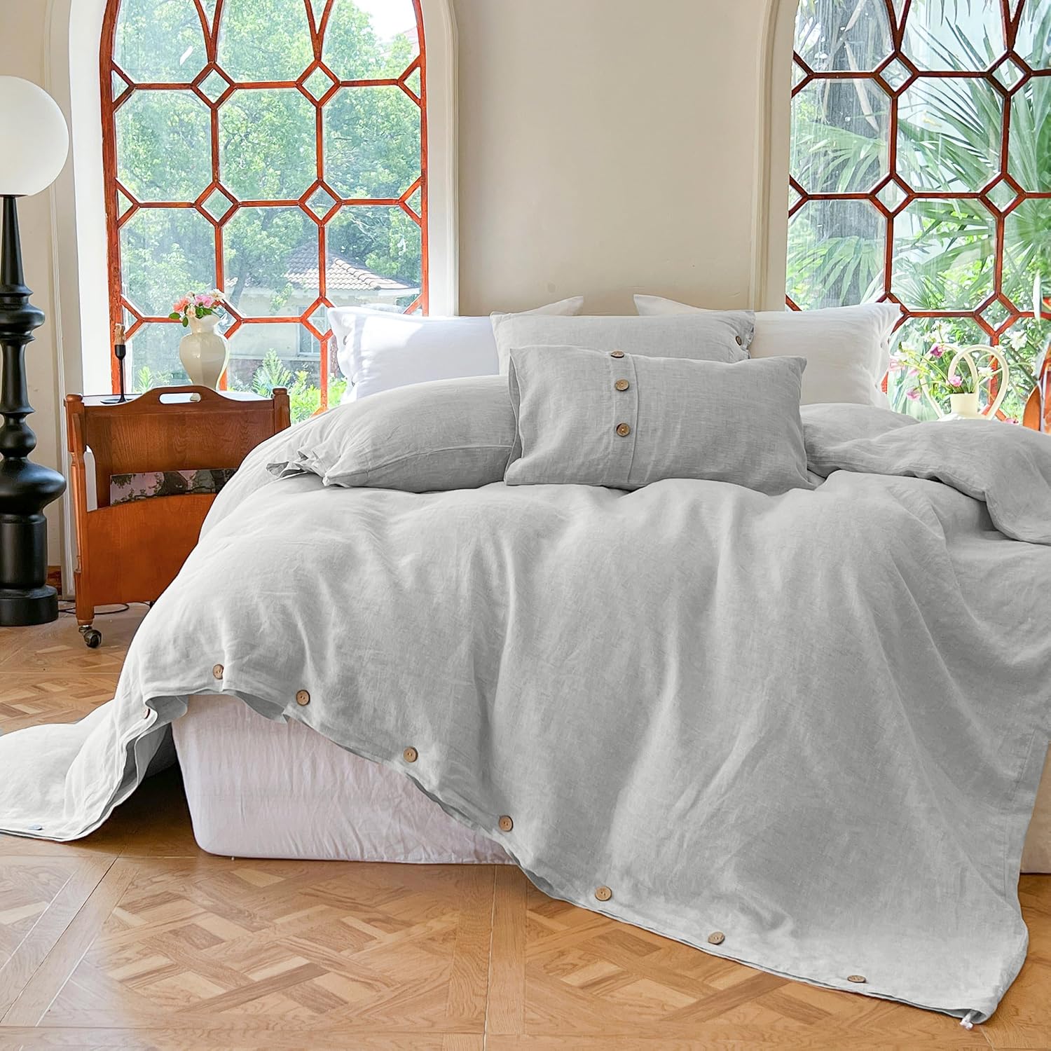 Simple&Opulence 100% Linen Duvet Cover Set 3pcs with Coconut Button Closure Natural French Washed Flax Solid Color Soft Breathable Farmhouse Bedding - Light Grey, Queen Size