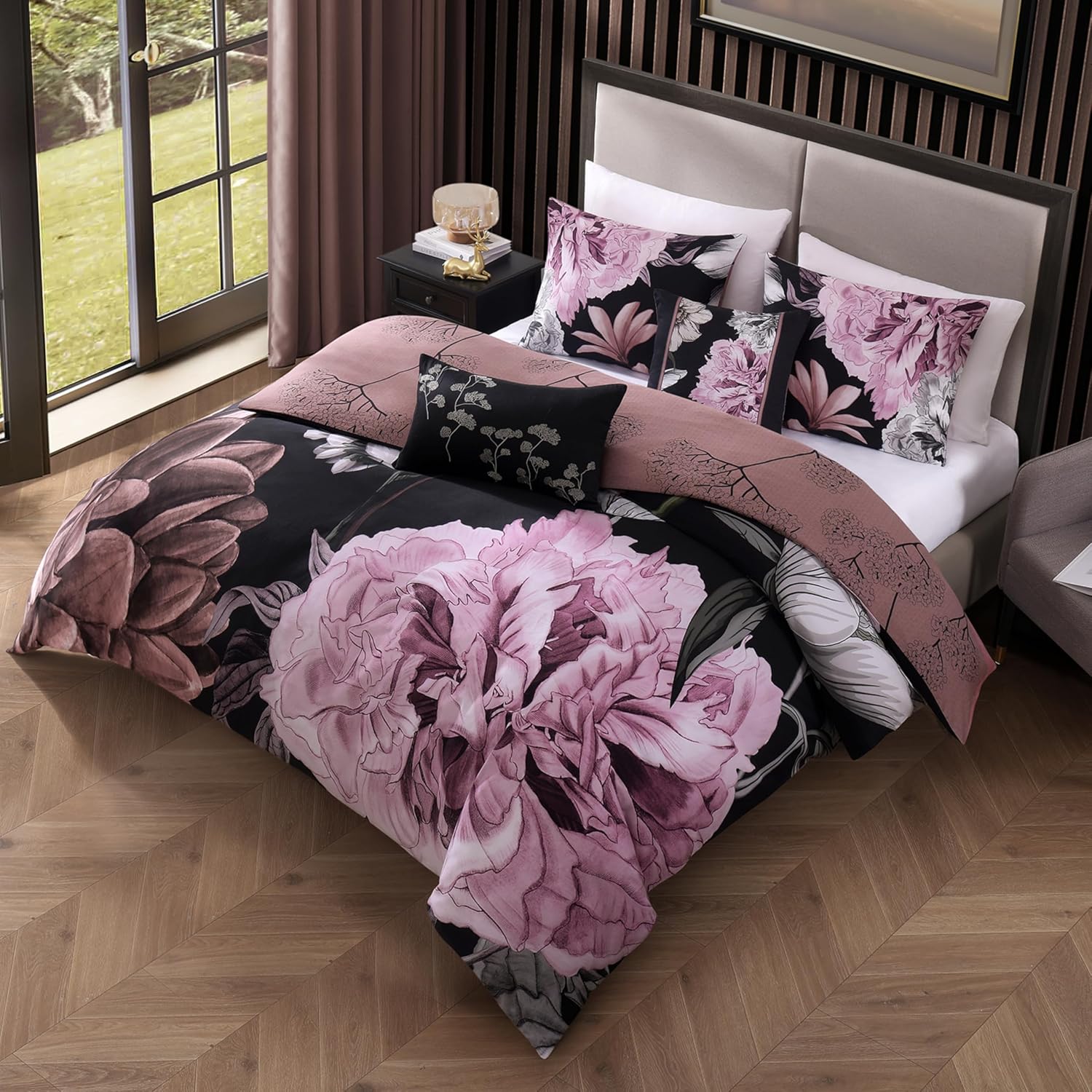 Bebejan Midnight Meadow 5 Piece Comforter Set, 100% Cotton Sateen, 220 Thread Count, Black Reversible Bedding Comforter Set, 1 Comforter, 2 Shams & 2 Pillows (Full/Queen)