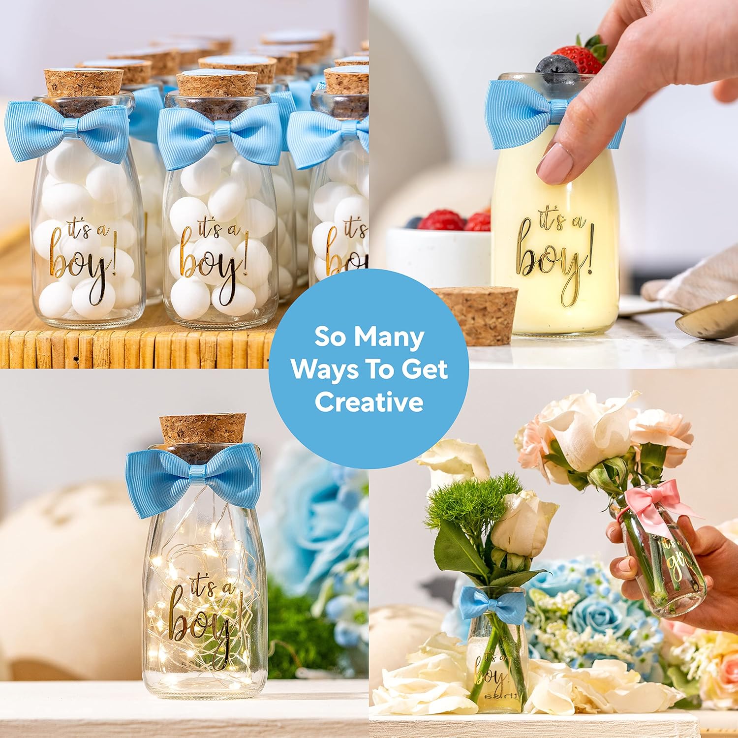 Ethisa 96 Pack It's a Boy Milk Glass Bottles with Ribbons and Stickers - Vintage Baby Shower Favors for Guests and Table Centerpieces Decorations - Sturdy Baby Shower Candy Jar