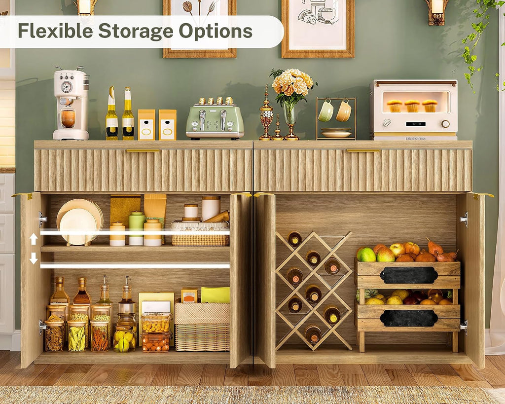 TEENFON Fluted Buffet Cabinet with Storage, 63' Sideboard Cabinet, Coffee Bar Cabinet with 2 Doors and Adjustable Shelf for Living Room, Kitchen, Entryway, Natural