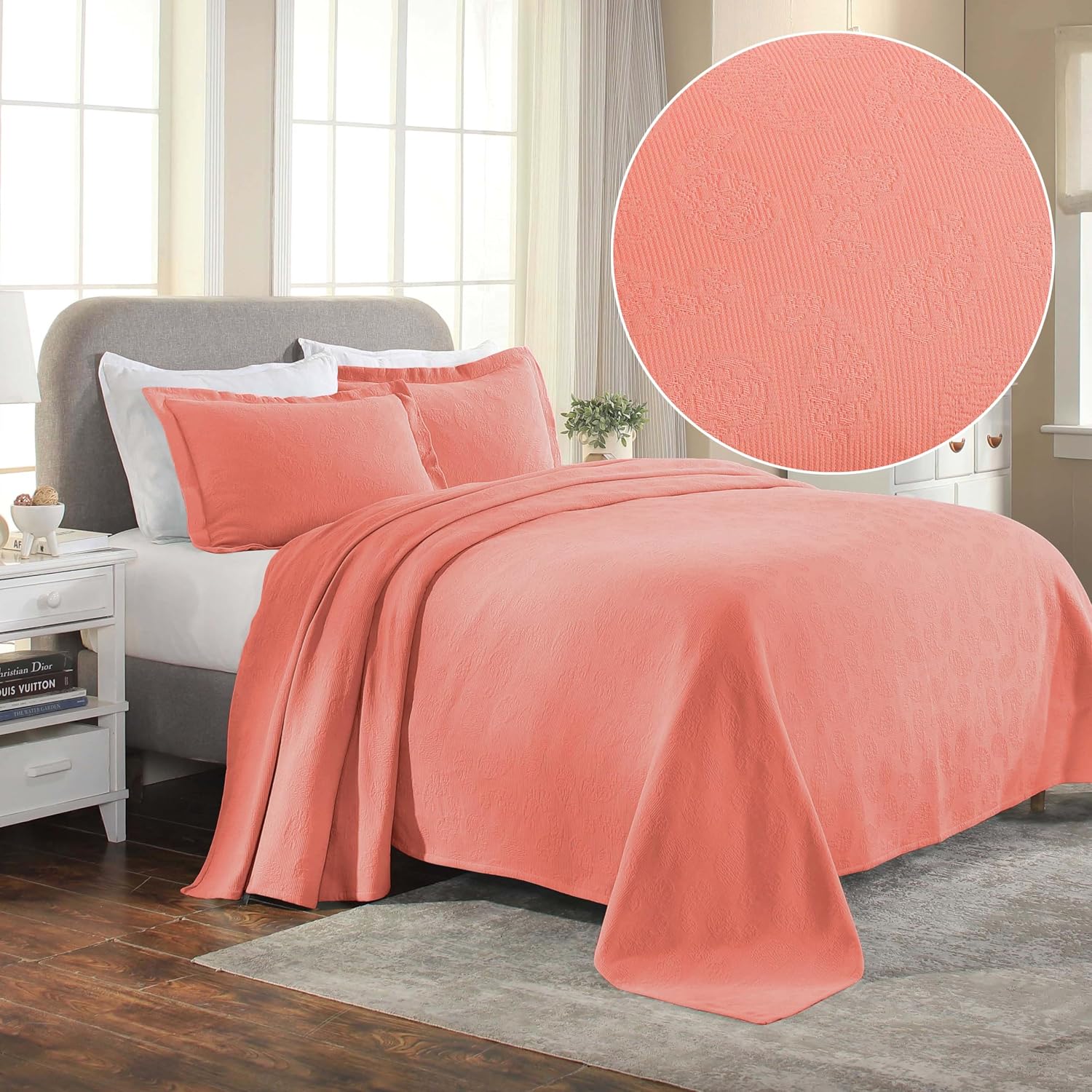 Superior Paisley 3 Piece Cotton Bedspread Set, Decorative Bed Spread, 2 Pillow Shams, Medium Weight Blanket, Matelasse Coverlet Bedding, Vintage Floral Pattern, Twin, Coral (Pack of 2)