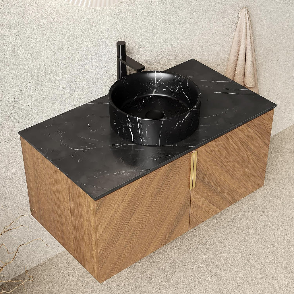 36 Inch Bathroom Vanity with Sink Combo, Floating Vanity Bathroom with Vessel Sink, Modern Bathroom Vanity Cabinet with Doors, Sintered Stone Countertop and Black Round Basin,Brown Oak