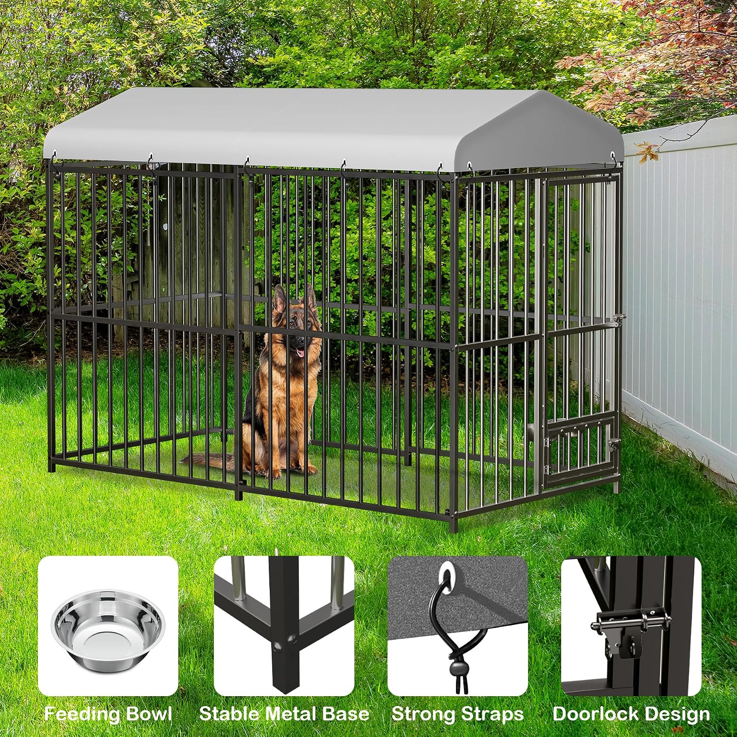 GarveeHome 8×4×6FT Large Heavy Duty Outdoor Dog Kennel, Weatherproof Metal Dog Cage with Lock, Rotating Stainless Steel Feeding Bowl & Waterproof Roof Cover, for All Dog Breeds, Yard or Indoor Use