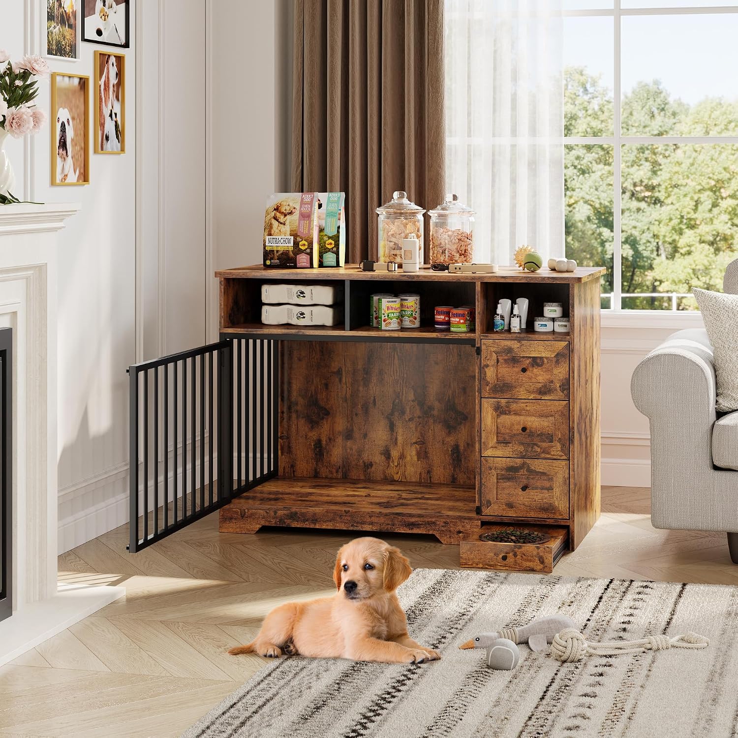 GarveeLife 48'' Dog Crate Furniture, Farmhouse Heavy Duty Dog Kennel with Bowl & Storage Drawers, Medium Dog Cage End Table for Small Medium Dogs, Retro Brown
