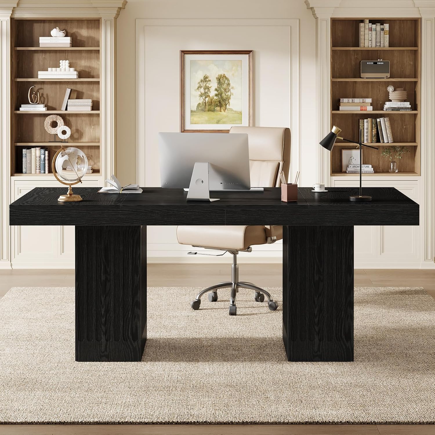 Tribesigns 63 Inch Executive Desk, Large Office Computer Desk with Double Pedestal, Black Modern Simple Desk, Study Writing Table Business Furniture for Home Office, Set of 2