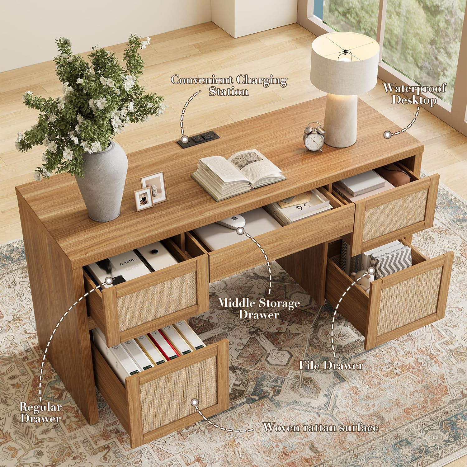 Yechen Executive Desk with 5 Drawers, 57' Modern Rattan Home Office Desk with Charging Station, File Drawer, Farmhouse Boho Computer Writing Desk for Study, Work, Walnut Brown