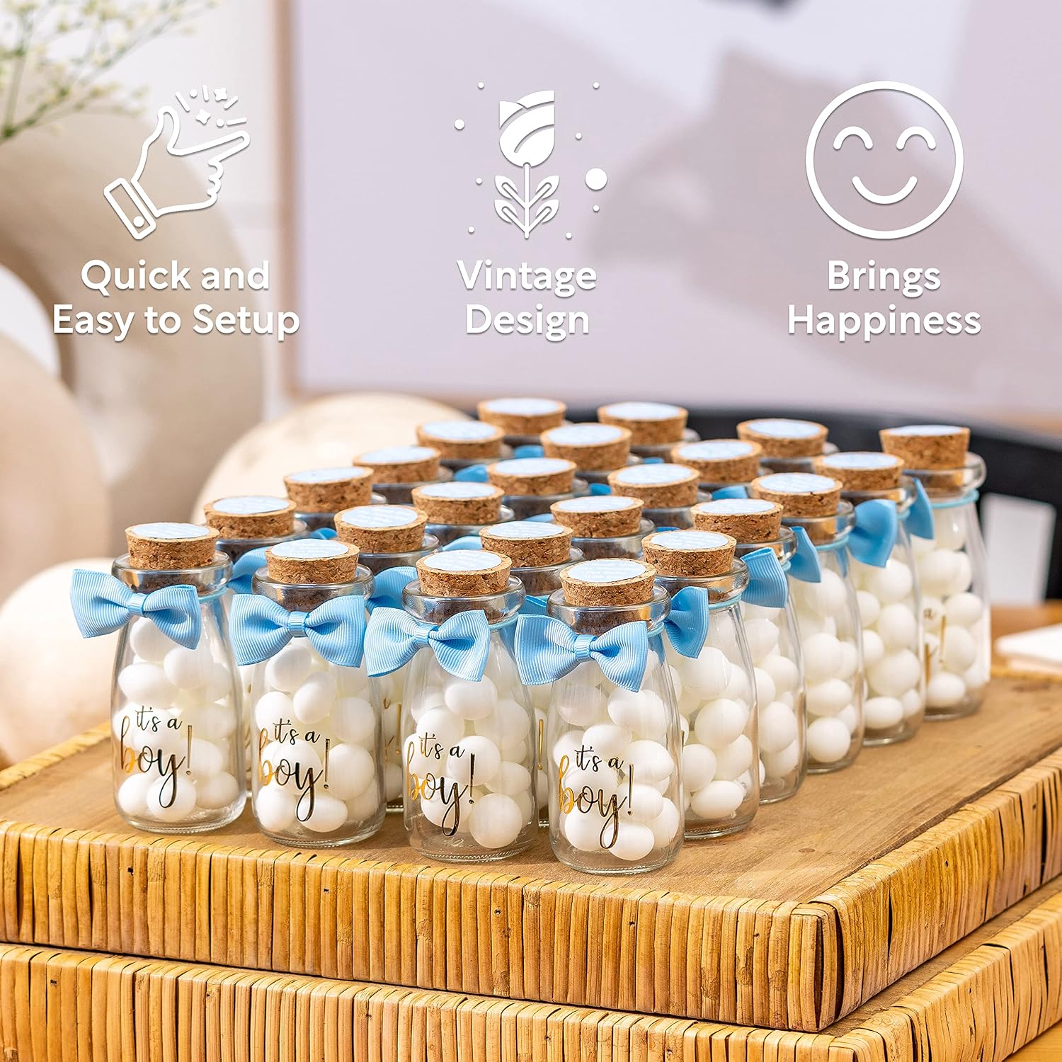 Ethisa 96 Pack It's a Boy Milk Glass Bottles with Ribbons and Stickers - Vintage Baby Shower Favors for Guests and Table Centerpieces Decorations - Sturdy Baby Shower Candy Jar