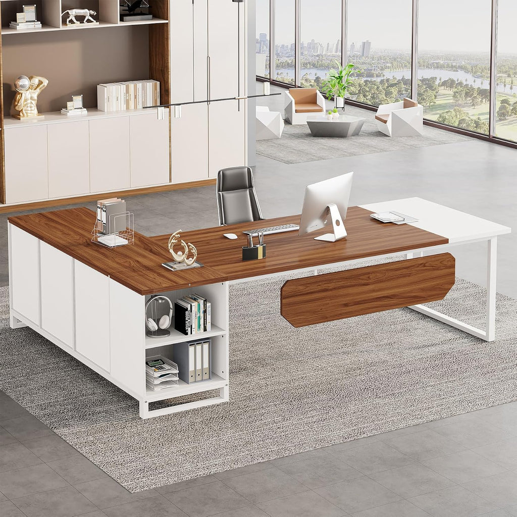 Tribesigns 70.8-Inch Executive Desk with 55-Inch File Cabinet, Large L Shaped Computer Desk with Storage Cabinet and Shelves, Modern L-Shaped Desk for Home Office, Walnut & White