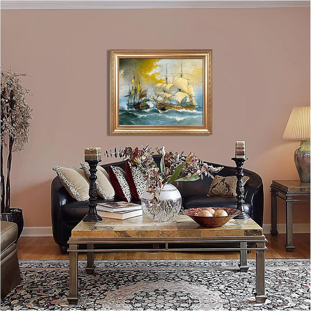 Battle between a Spanish Frigate and the English Ship Stanhope Sailboat Warship Painting Reproductions Framed Size:36x30 inches,Image Size:30x24 inches World Classic Reproductions For HomeDecor
