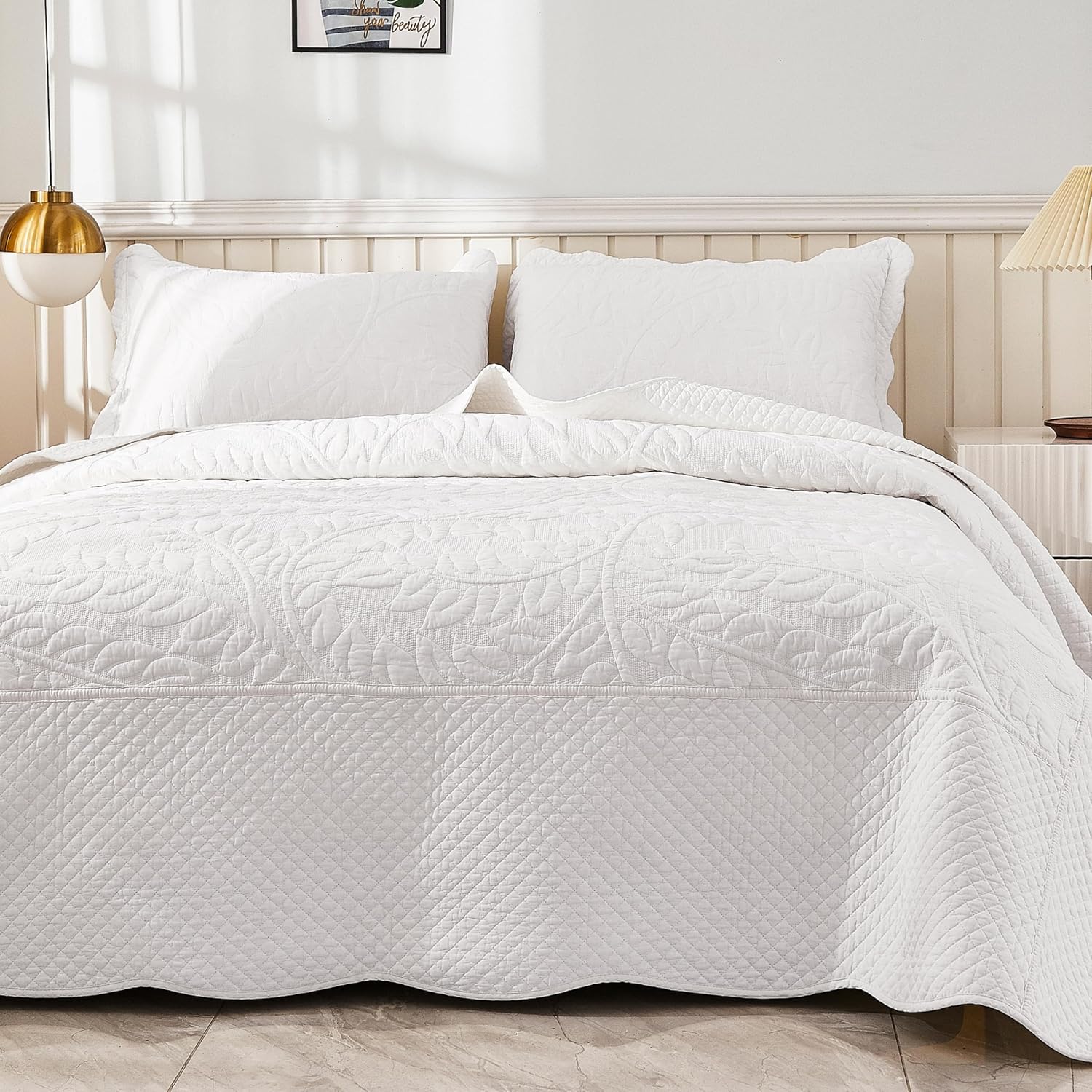 MarCielo 3-Piece 100% Cotton Oversized Bedspread Lightweight Quilt Coverlet Embroidery Farmhouse Bedding Set T0 (Bright White, Oversized Queen (100'x106'))