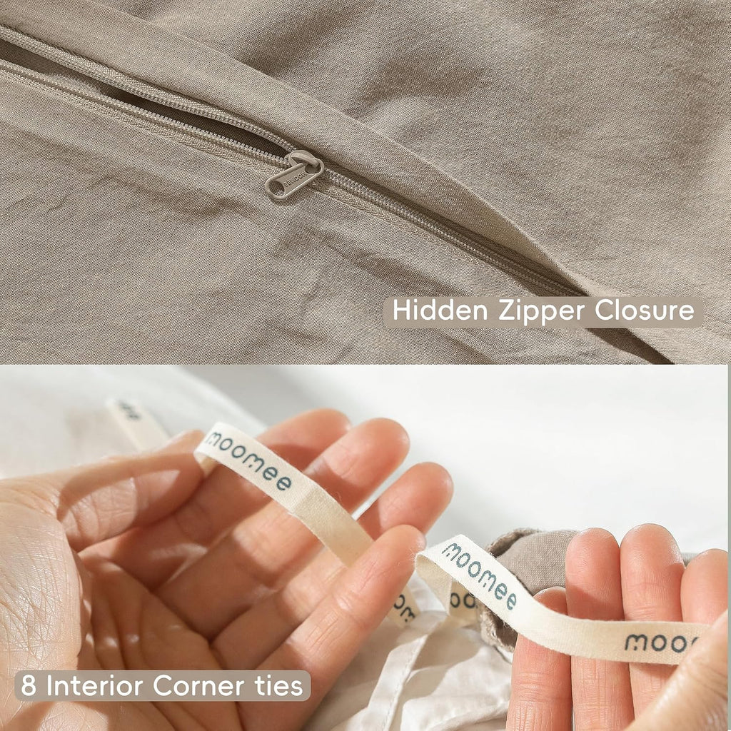 MooMee Bedding Duvet Cover Set 100% Washed Cotton Linen Like Textured Breathable Durable Soft Comfy (Heathered Tannish Linen Grey, Oversized King Plus 128'x120')