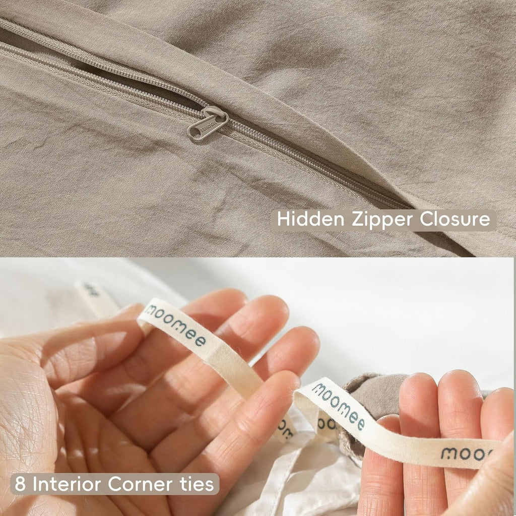MooMee Bedding Duvet Cover Set 100% Washed Cotton Linen Like Textured Breathable Durable Soft Comfy (Heathered Tannish Linen Grey, Alaska King 132'x120')