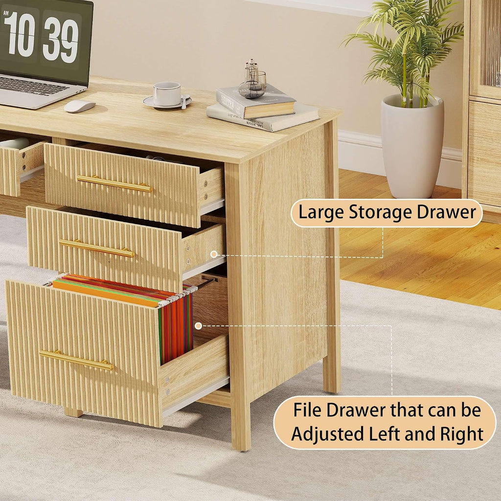 Modern Executive Desk with Drawers: 54' Oak Home Office Desks with File Drawers, Wood Fluted Computer Writing Desk for Work, Study, and Living Room (54')