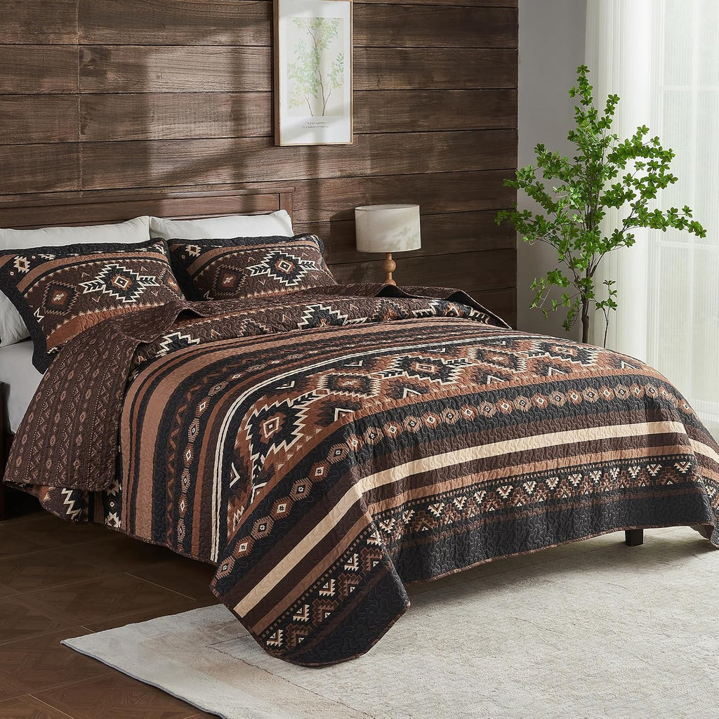 Traditional Quilt Queen Size - 3 Pieces Rustic Aztec Bedding Sets - 100% Cotton Southwestern Bedspread for All Season - American Navajo Diamond Motif Lightweight Comforter - Brown/Black
