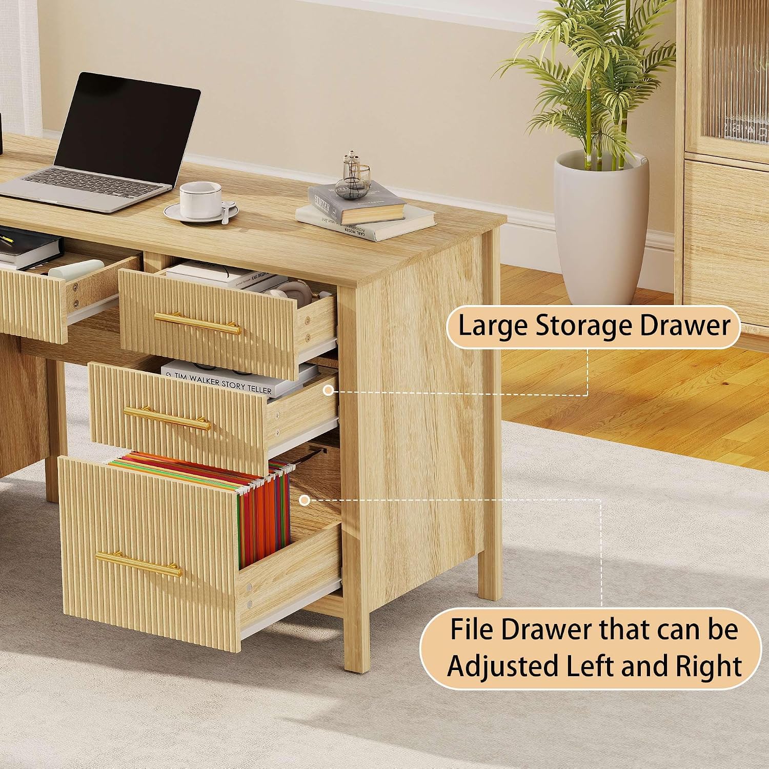 Modern Executive Desk with Drawers: 60' Oak Home Office Desks with File Drawers, Wood Fluted Computer Writing Desk for Work, Study, and Living Room (60')