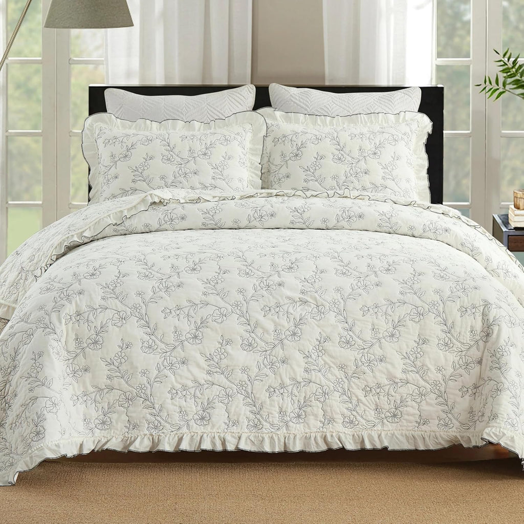 MarCielo 3-Piece 100% Cotton Bedspread Lightweight Quilt Coverlet Embroidery Farmhouse Bedding Set (Floral,King (106' X 98'))
