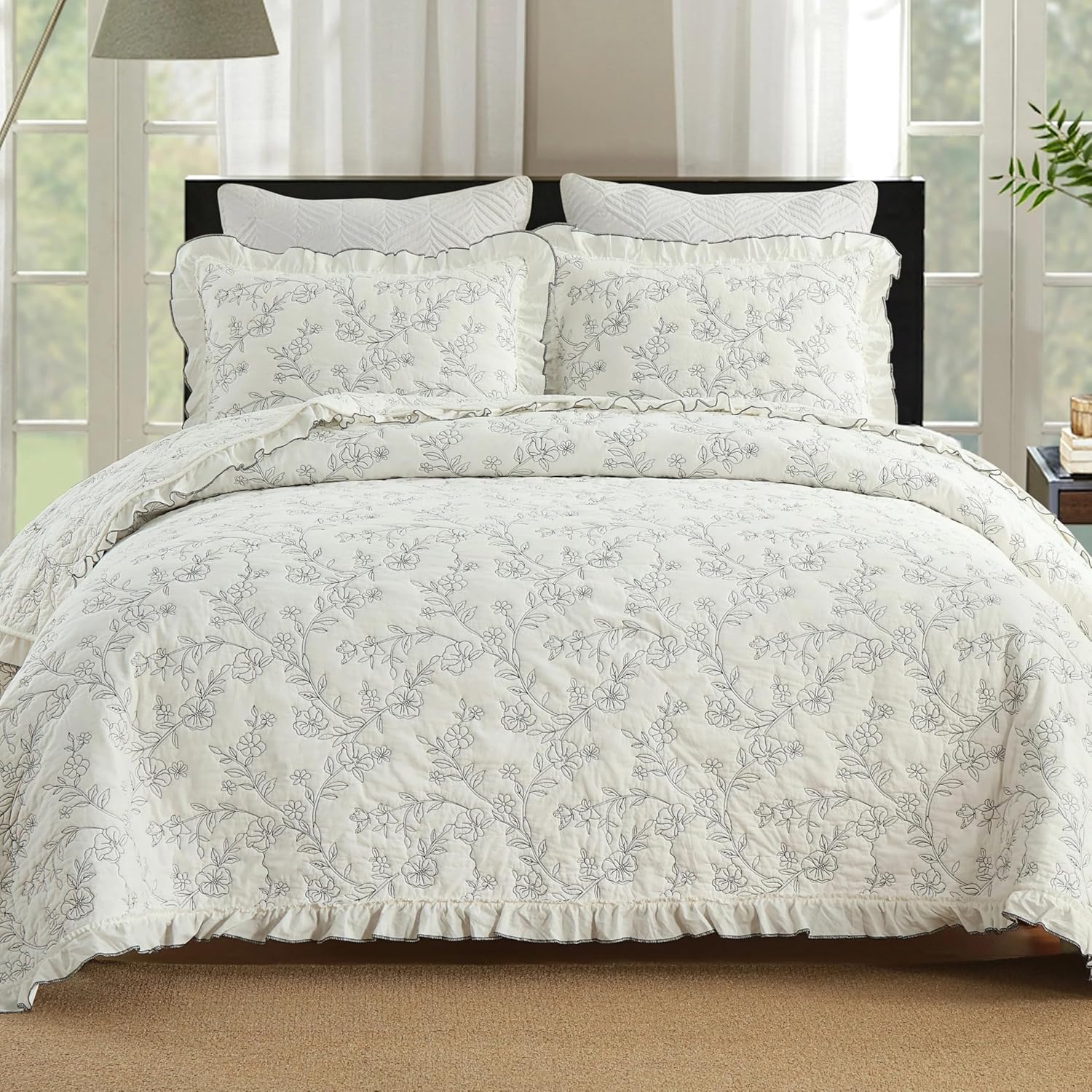 MarCielo 3-Piece 100% Cotton Bedspread Lightweight Quilt Coverlet Embroidery Farmhouse Bedding Set (Floral,King (106' X 98'))