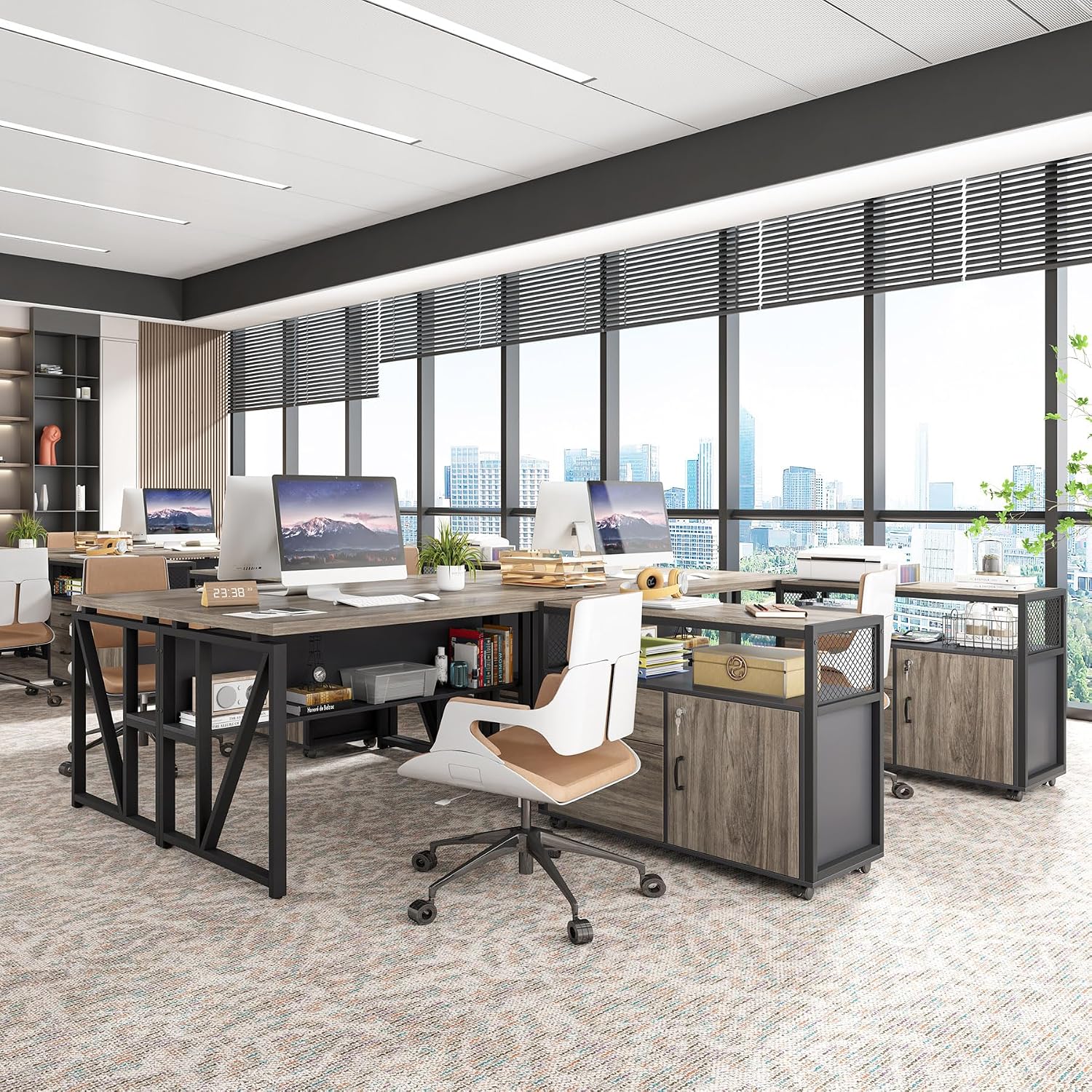 Tribesigns Grey Executive Desk with Cabinet, 55' L Shaped Computer Desk and lateral File Cabinet with Locks, 2 Piece Home Office Furniture Set for Hanging