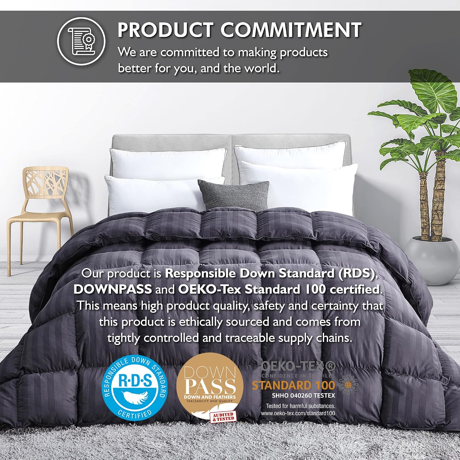 Luxurious Queen Size Goose Down Feather Fiber Comforter Duvet Insert, 100% Egyptian Cotton Cover, 60 oz. Fill Weight Comforter (Queen, Gray Stripe)
