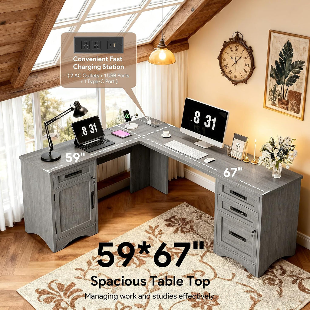 Decofy 67' Farmhouse L Shaped Standing Desk with Drawers Home Office Executive Desks with Fast Charging Station, Lockable File Cabinet, Wood Writing Computer Desk for Work, Study, Grey