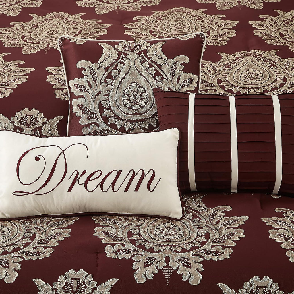 LANCO MODERN LIFESTYLE Burgundy King Size Comforter Set 7 Pieces, Jacquard Woven with Damask, Bedding Set in a Bag Includes Comforter, Bed Skirt, Pillow Shams, and Decorative Pillows