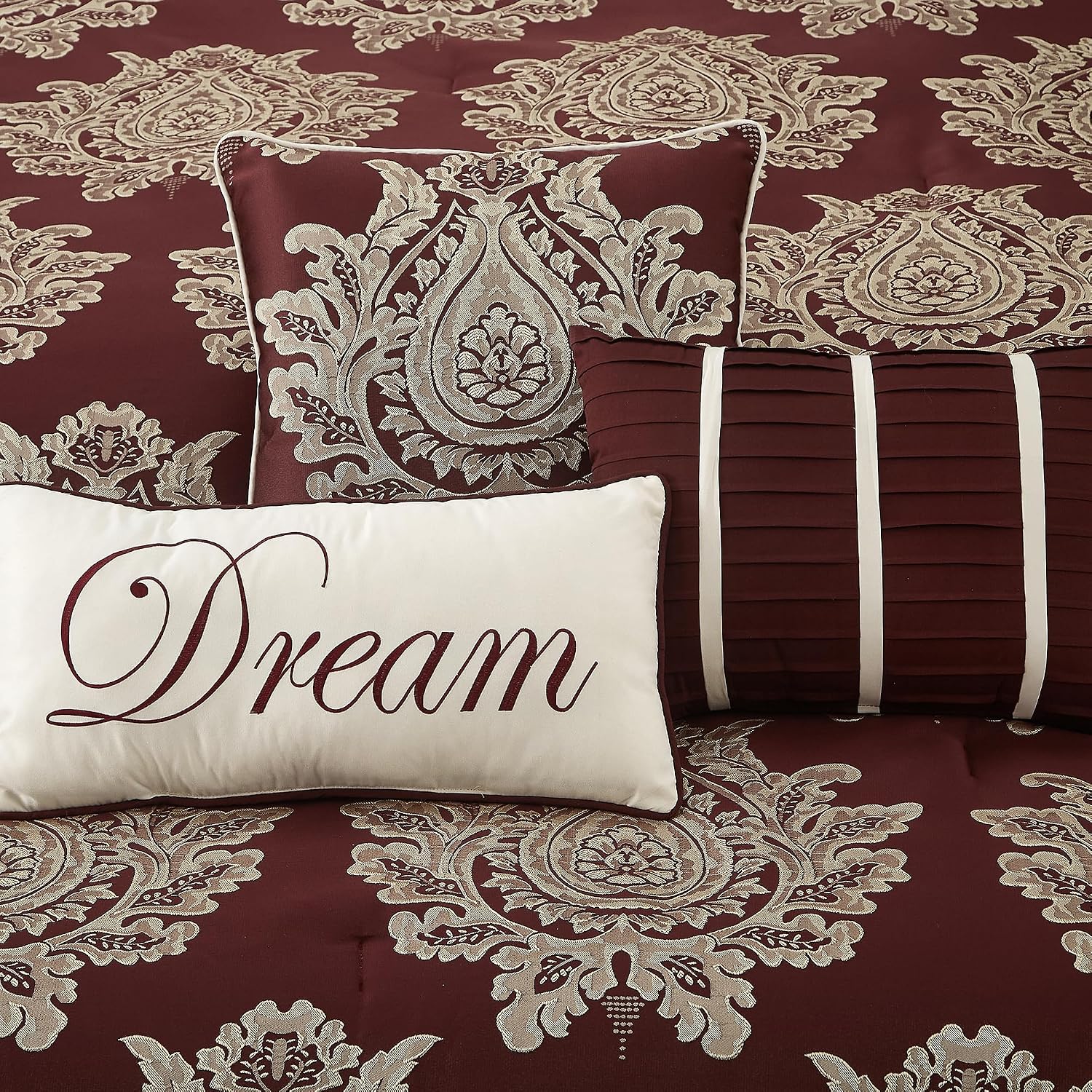 LANCO MODERN LIFESTYLE Burgundy King Size Comforter Set 7 Pieces, Jacquard Woven with Damask, Bedding Set in a Bag Includes Comforter, Bed Skirt, Pillow Shams, and Decorative Pillows
