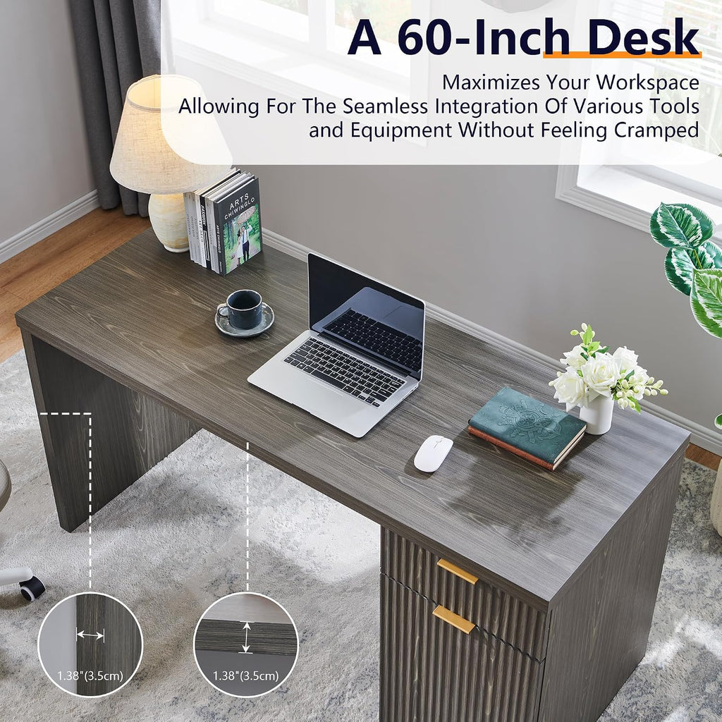 JXQTLINGMU 60' Modern Executive Desk with Storage, Wood Home Office Desk with Drawer & Cabinet, Fluted Computer Writing Desk for Study, Living Room, Bedroom, Grayish Green