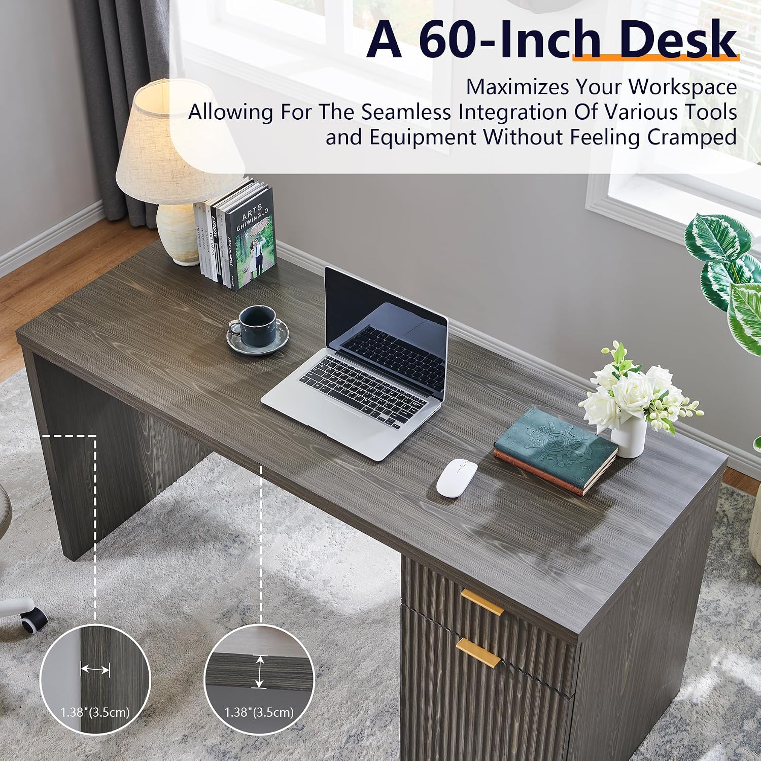 JXQTLINGMU 60' Modern Executive Desk with Storage, Wood Home Office Desk with Drawer & Cabinet, Fluted Computer Writing Desk for Study, Living Room, Bedroom, Grayish Green