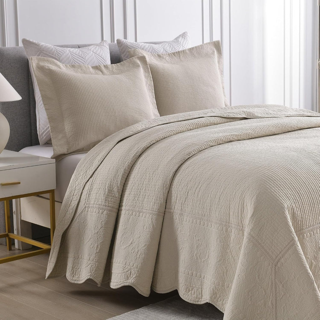 MarCielo 3-Piece 100% Cotton Oversized Bedspread Lightweight Quilt Coverlet Embroidery Farmhouse Bedding Set (TG Light Yellow Beige, Oversized King (118'x106'))