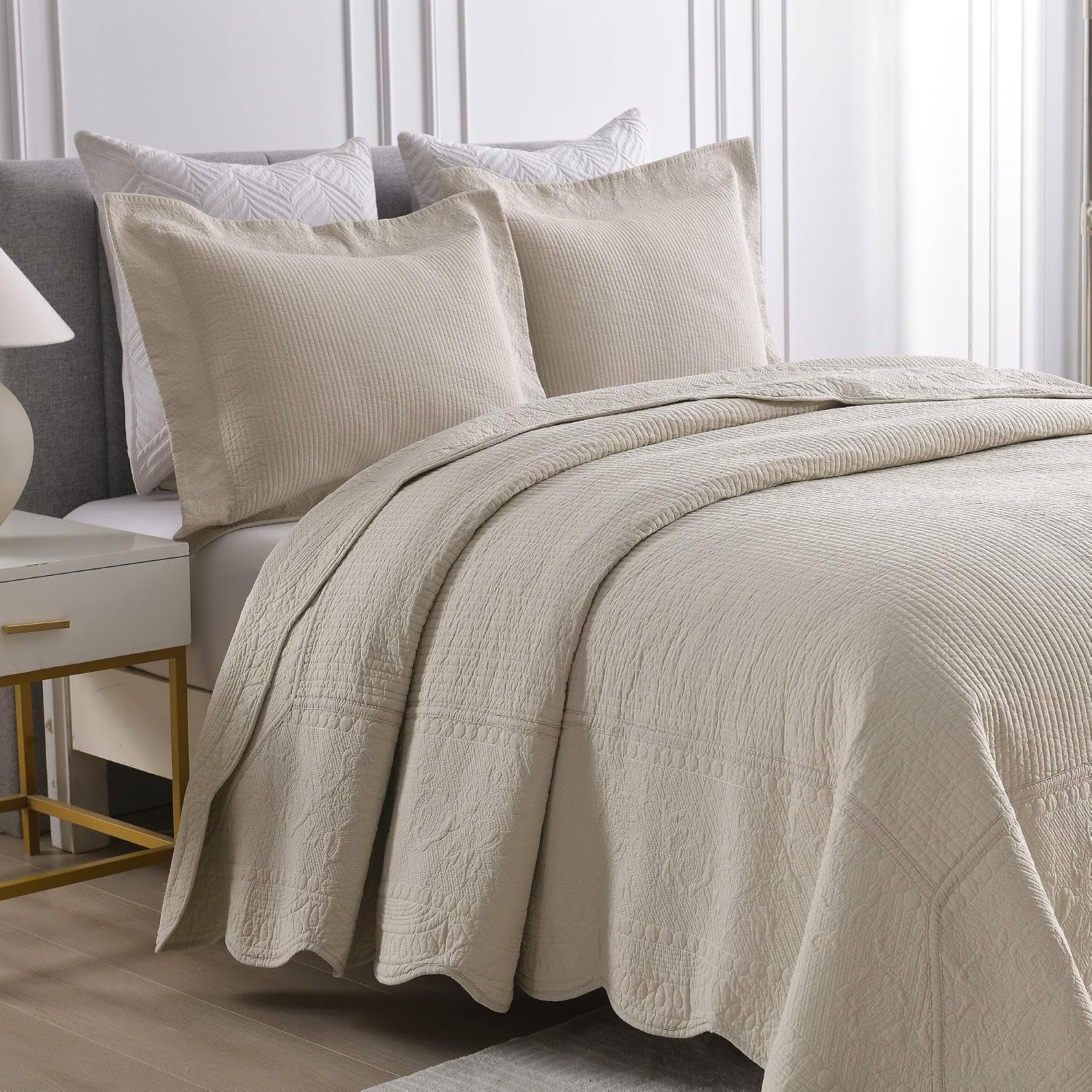 MarCielo 3-Piece 100% Cotton Oversized Bedspread Lightweight Quilt Coverlet Embroidery Farmhouse Bedding Set (TG Light Yellow Beige, Oversized King (118'x106'))