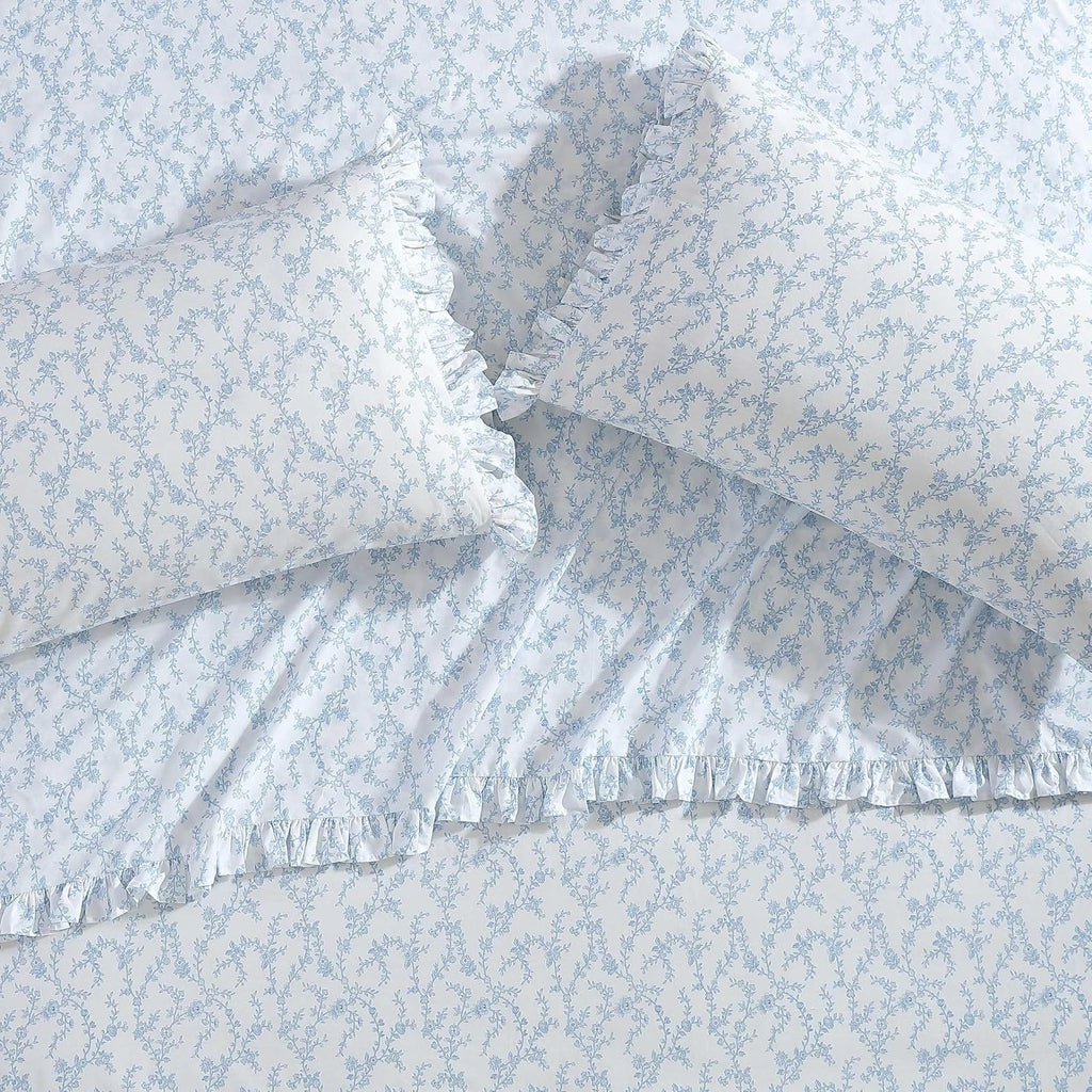 Laura Ashley - Twin XL Size Sheet Set, Crisp Cotton Percale Bedding with Ruffle Pillowcase, Fully Elastic Deep Pocket Fitted Sheet, Floral Room Decor, Breathable All-Season Comfort (Victoria Blue)