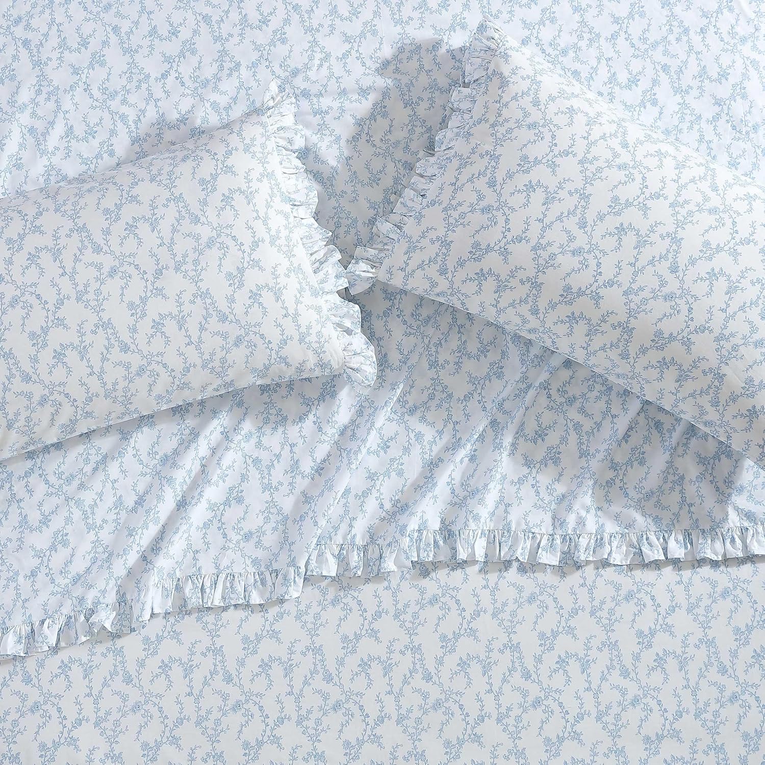 Laura Ashley - Twin XL Size Sheet Set, Crisp Cotton Percale Bedding with Ruffle Pillowcase, Fully Elastic Deep Pocket Fitted Sheet, Floral Room Decor, Breathable All-Season Comfort (Victoria Blue)
