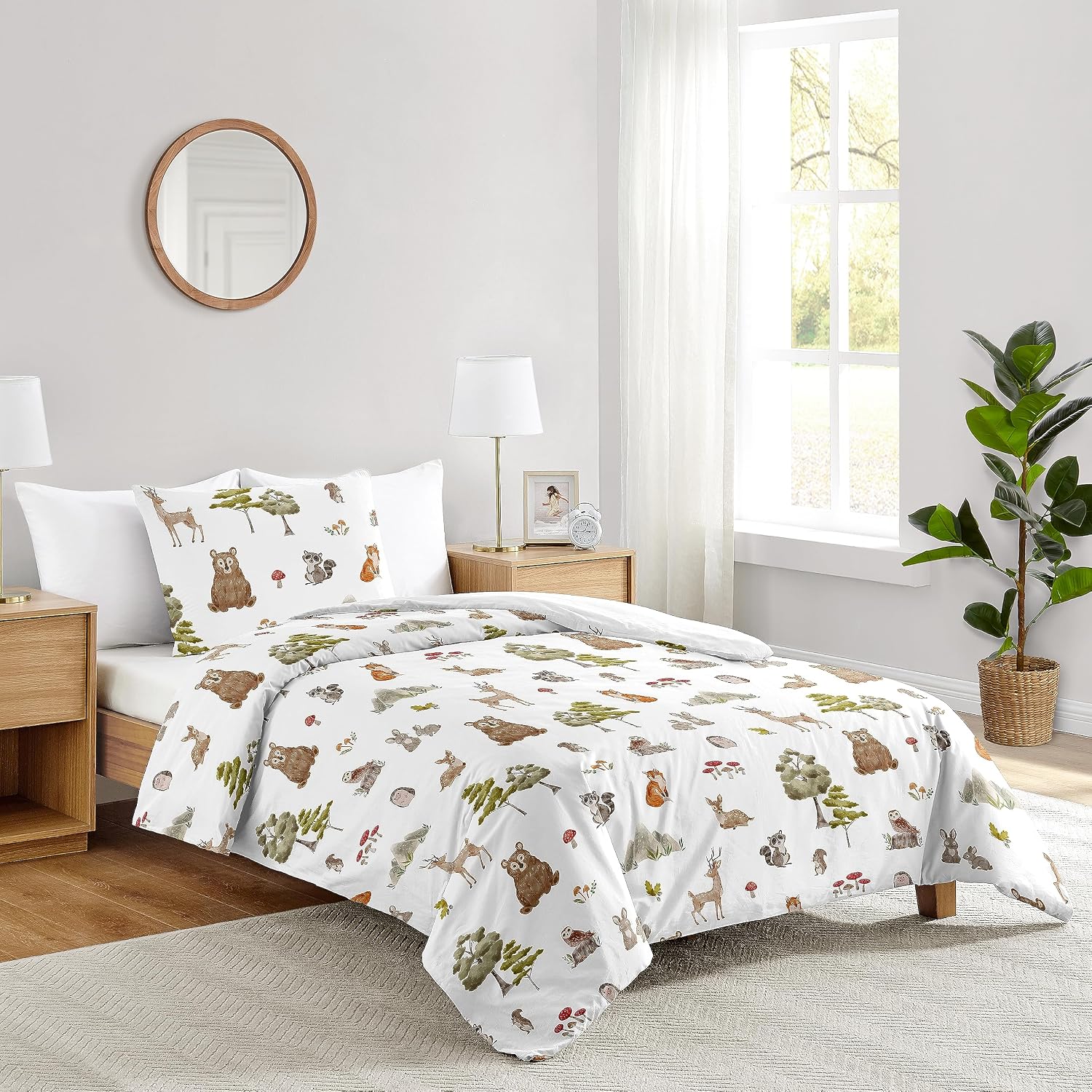 Sweet Jojo Designs 2-Piece Twin Comforter Set (Woodland Forest Animals) for Boys or Girls, Children, Kids Bedding, Bed in a Bag incl. Blanket & Pillow Sham (Neutral, Brown Bear, Owl, Fox, Tree Animal)