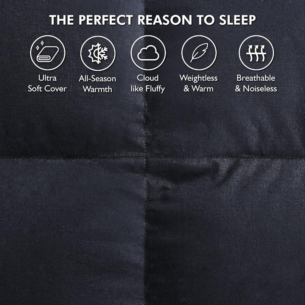 Luxurious Queen Size Goose Down Feather Fiber Comforter Duvet Insert, 100% Egyptian Cotton Cover, 60 oz. Fill Weight Comforter (Queen, Black Solid)