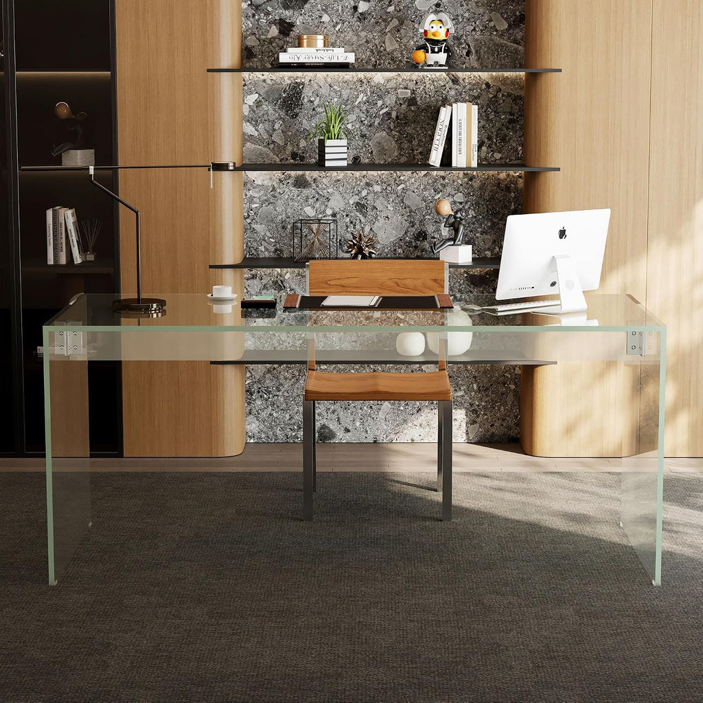 53.14' Modern Tempered Glass Executive Desk with Drawer, Black Wood Finish and Tempered Glass Legs – Minimalist Stylish Workstation Table for Home Office (Transparent Glass Desk)