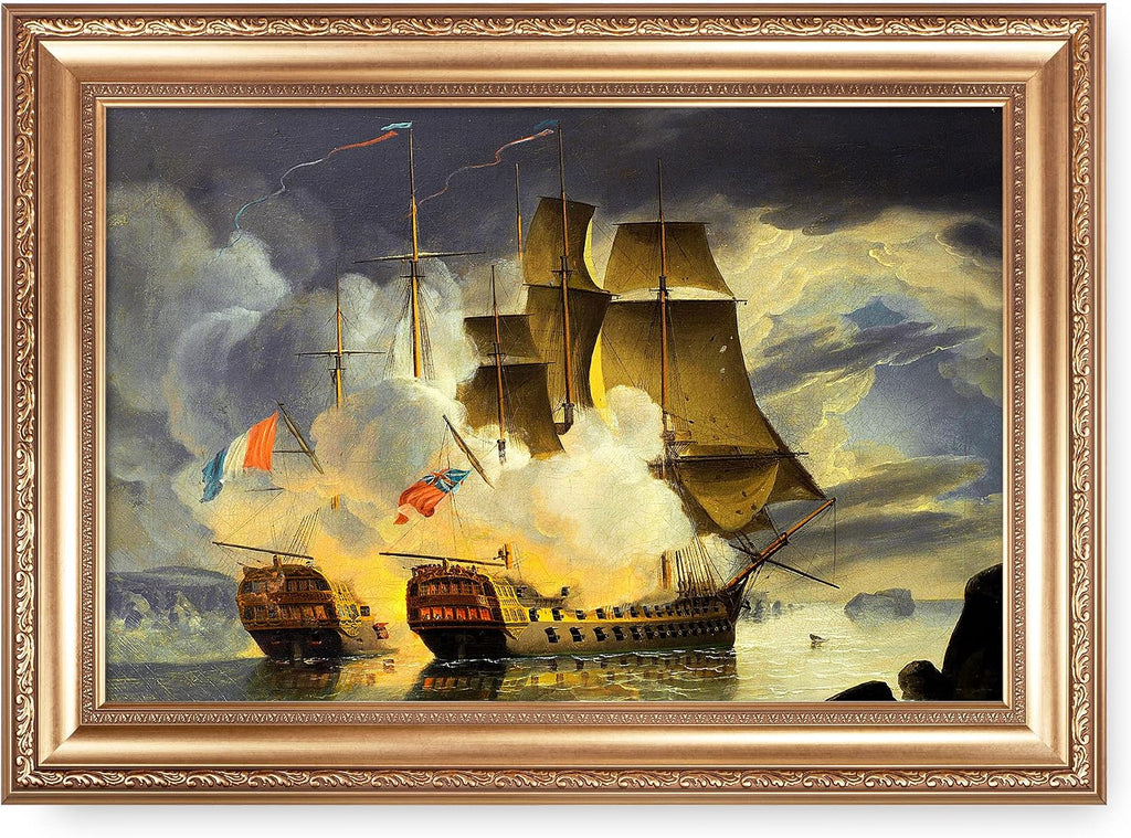 Battle of the Raz de Sein by John Christian Schetky Sailboat Warship Painting Reproductions Framed Size:36x26 inches,Image Size:30x20 inches World Classic Reproductions For HomeDecor,Gold Frame