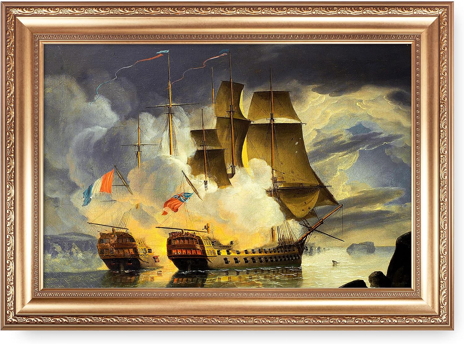 Battle of the Raz de Sein by John Christian Schetky Sailboat Warship Painting Reproductions Framed Size:36x26 inches,Image Size:30x20 inches World Classic Reproductions For HomeDecor,Gold Frame