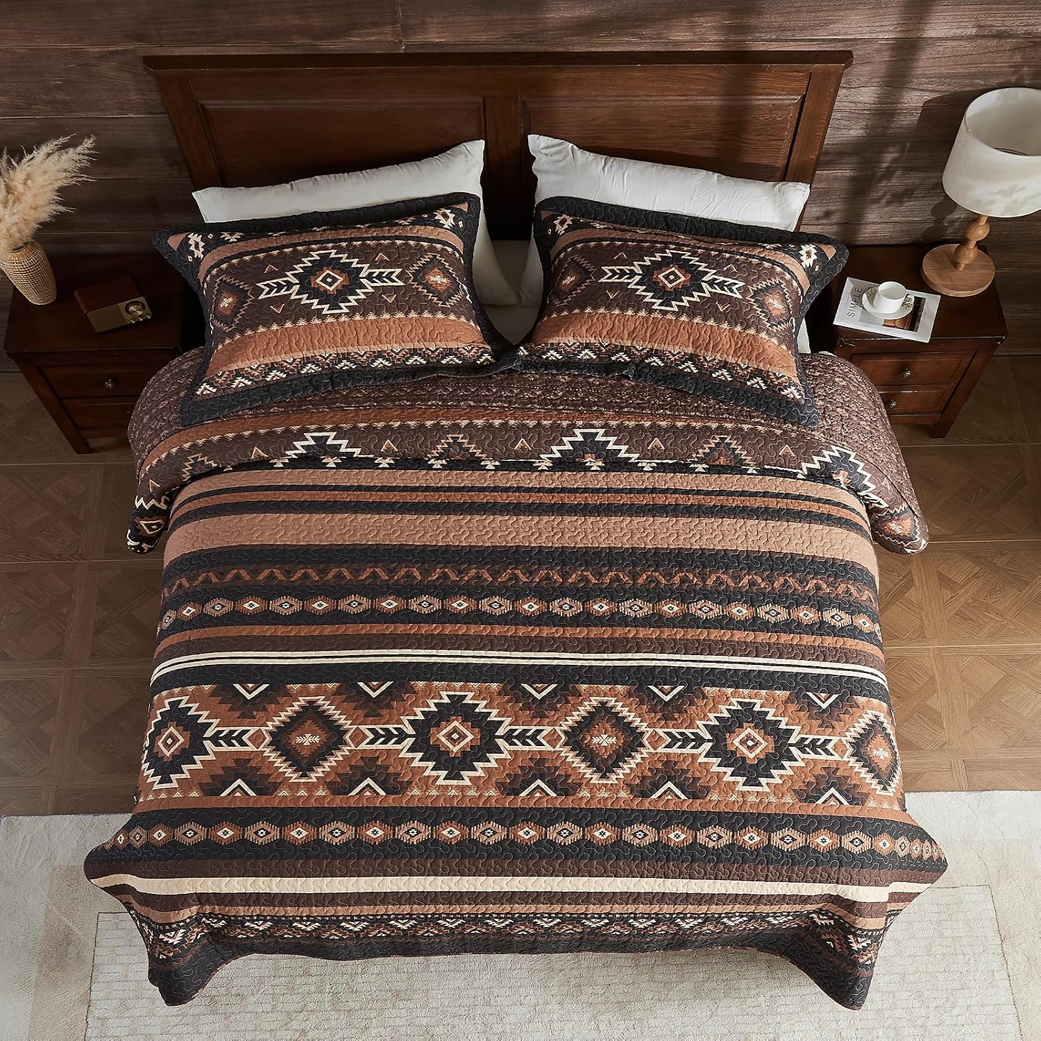 Traditional Quilt Queen Size - 3 Pieces Rustic Aztec Bedding Sets - 100% Cotton Southwestern Bedspread for All Season - American Navajo Diamond Motif Lightweight Comforter - Brown/Black
