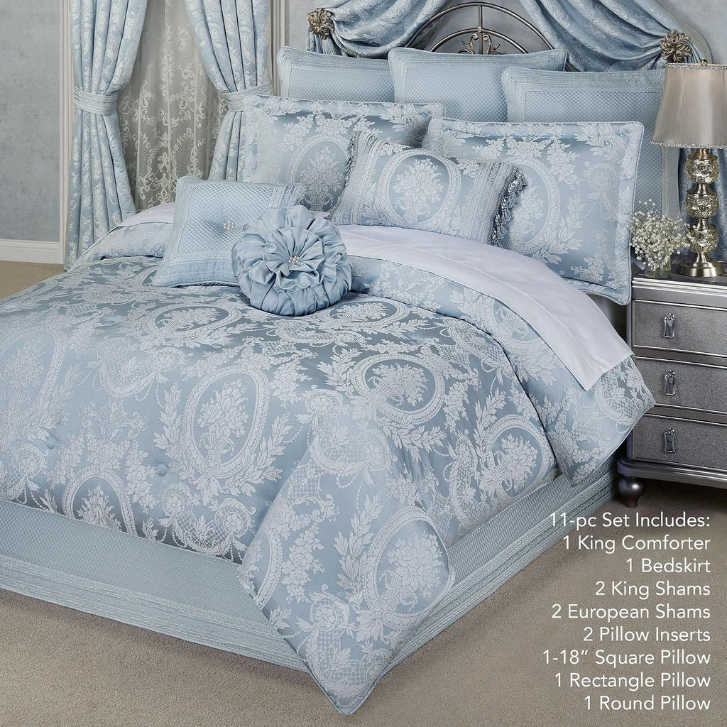Contessa Luxury Bedding | Iced Platinum and Powder Blue | Puff Jacquard-Woven Florals | 11 Pc Set: King Comforter, Bedskirt, 2 King Shams, 2 Euro Shams, 2 Euro Pillow Inserts, and 3 Decorative Pillows