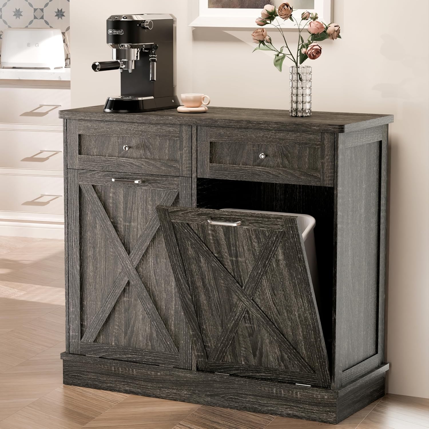 TOLEAD Double Tilt Out Trash Cabinet Free Standing 10 Gallon Wooden Dual Trash Can Cabinet with Barn Door for Farmhouse Kitchen,Living Room, Dining Room, Oak Grey