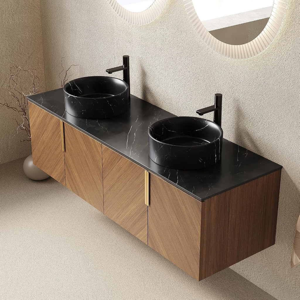 60' Double Sink Bathroom Vanity with Sink Combo, Floating Vanity with Vessel Sink, Wall-Mounted Plywood Bathroom Vanity Storage Cabinet with 4 Doors & 2 Black Round Basin, Brown Oak