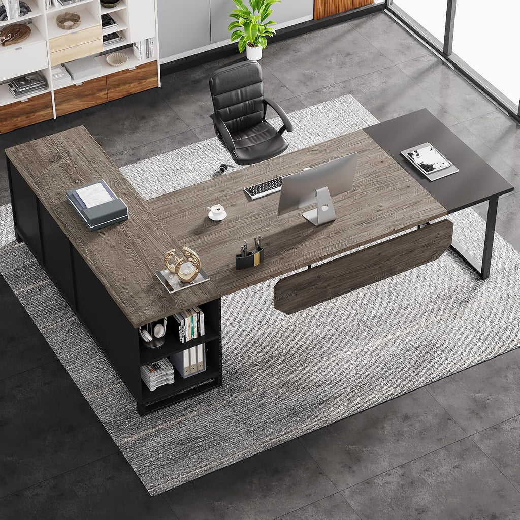 Tribesigns 70.8-Inch Executive Desk with 55-Inch File Cabinet, Large L Shaped Computer Desk with Storage Cabinet and Shelves, Industrial L-Shaped Desk for Home Office, Retro Gray & Black