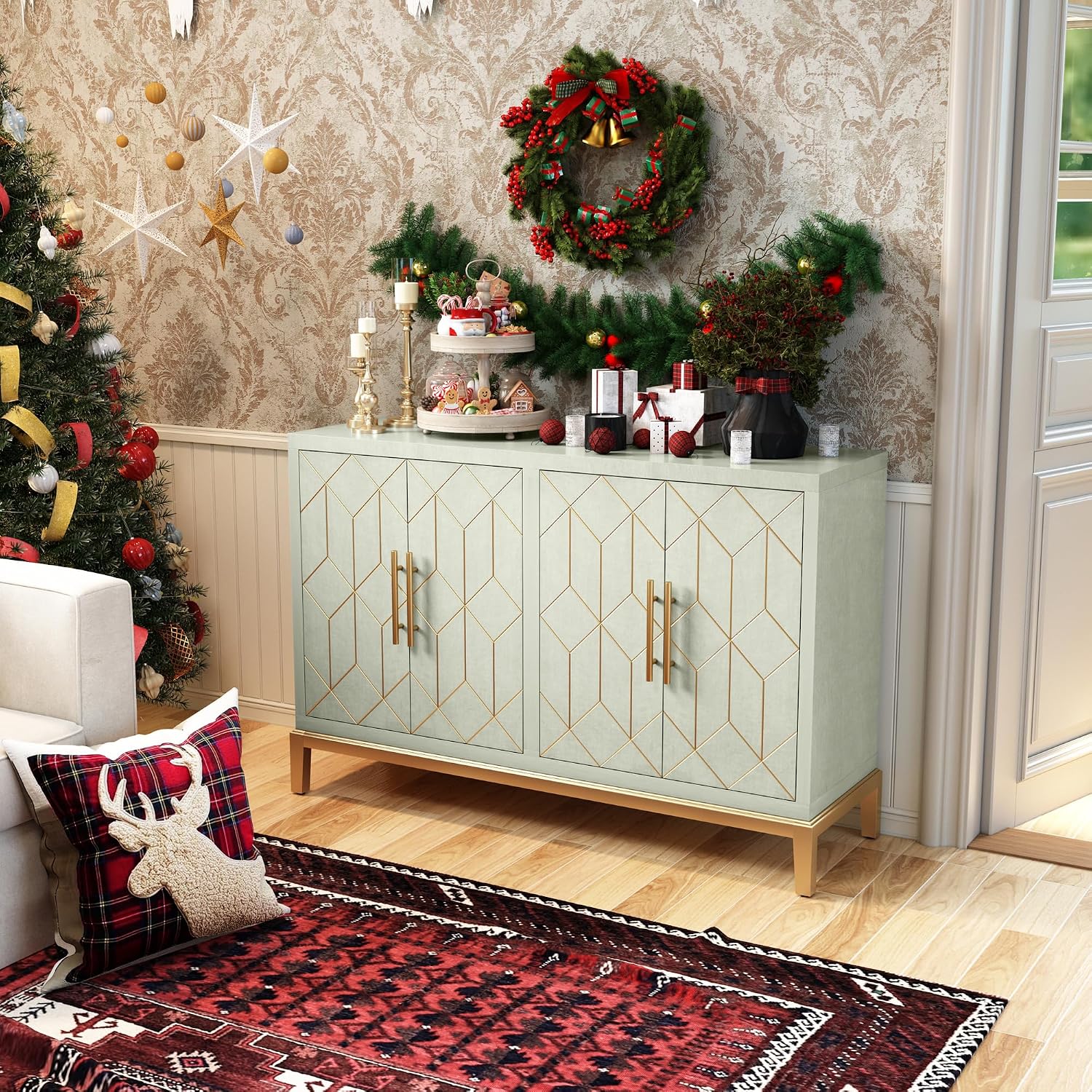 HLR 48' Accent Cabinet with 4 Doors and Shelves, Modern Credenza Storage Cabinet with Gold Trim, Green Buffet Cabinet for Living Room, Kitchen, Dining Room, Hallway