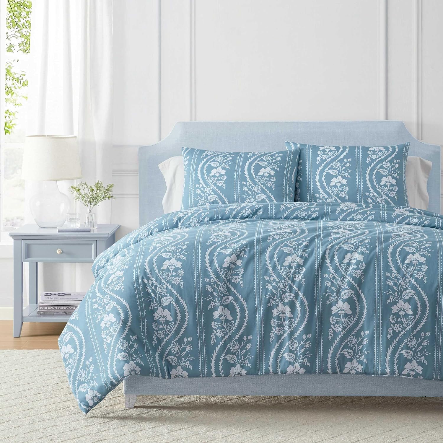 Martha Stewart - King Comforter Set, Smooth Sateen Front with Subtle Sheen & Lightweight Cotton Percale Reverse, 3 Piece Bed Set with Matching Pillowcases (Sophia Stripe Blue)