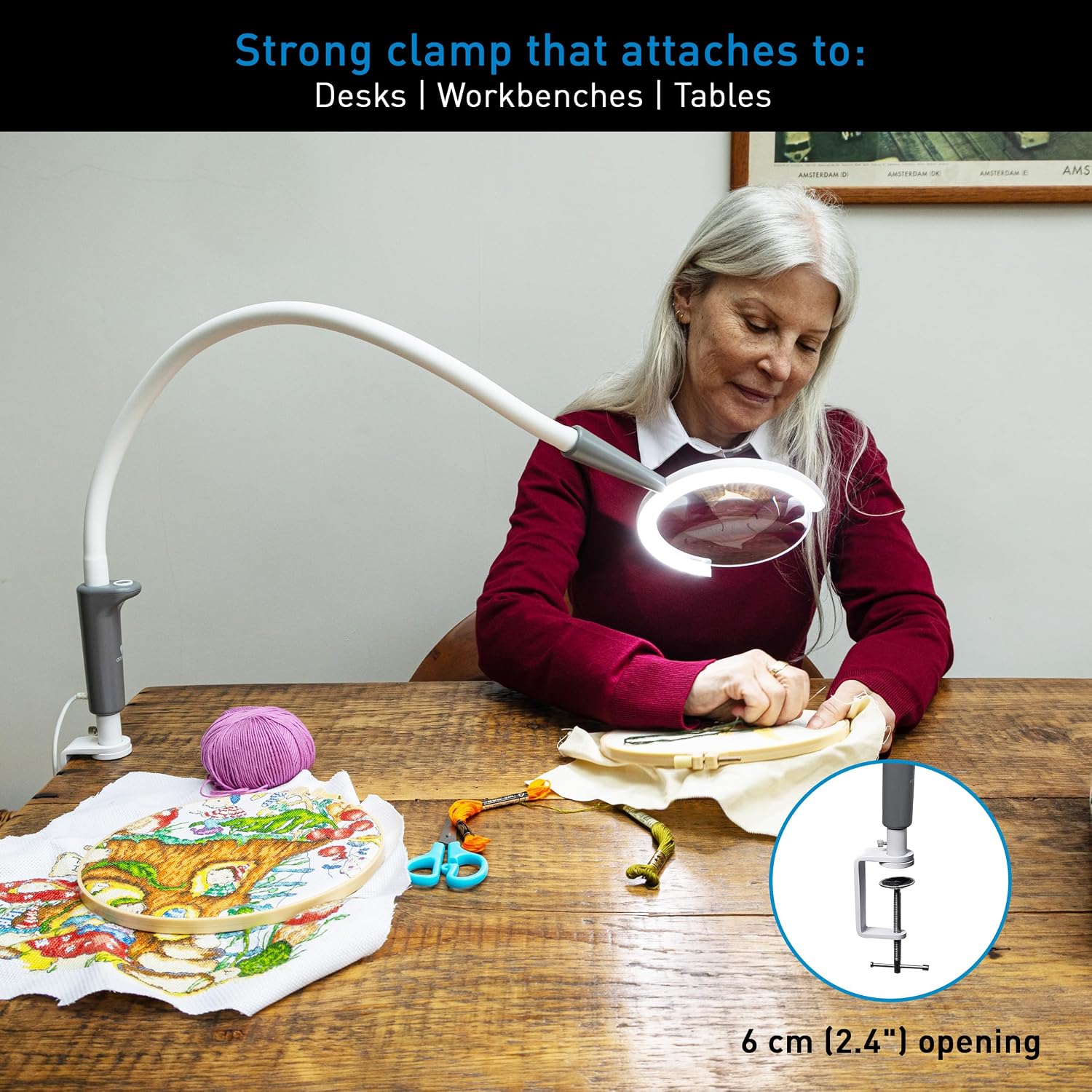 Daylight Magnificent Pro™ LED Magnifying Lamp with Clamp – 2-in-1 Task Light & Magnifier, 5,500 Lux at 6', 5' 1.75X Lens, 3 Brightness Levels, Flexible 26' Arm, 95+ CRI, Easy Twist Head – White/Grey