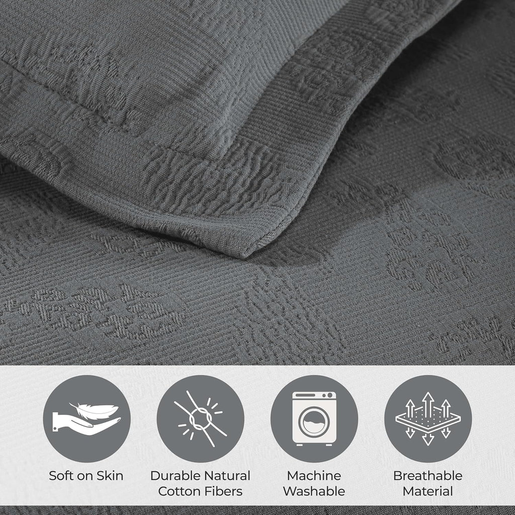 Superior Paisley Cotton 3 Piece Bedspread Set, Home Bed Decor, Decorative Textured Bed Spread, 2 Pillow Shams, Airy Blanket, Matelasse Coverlet Bedding, Vintage Floral Design, Queen, Grey