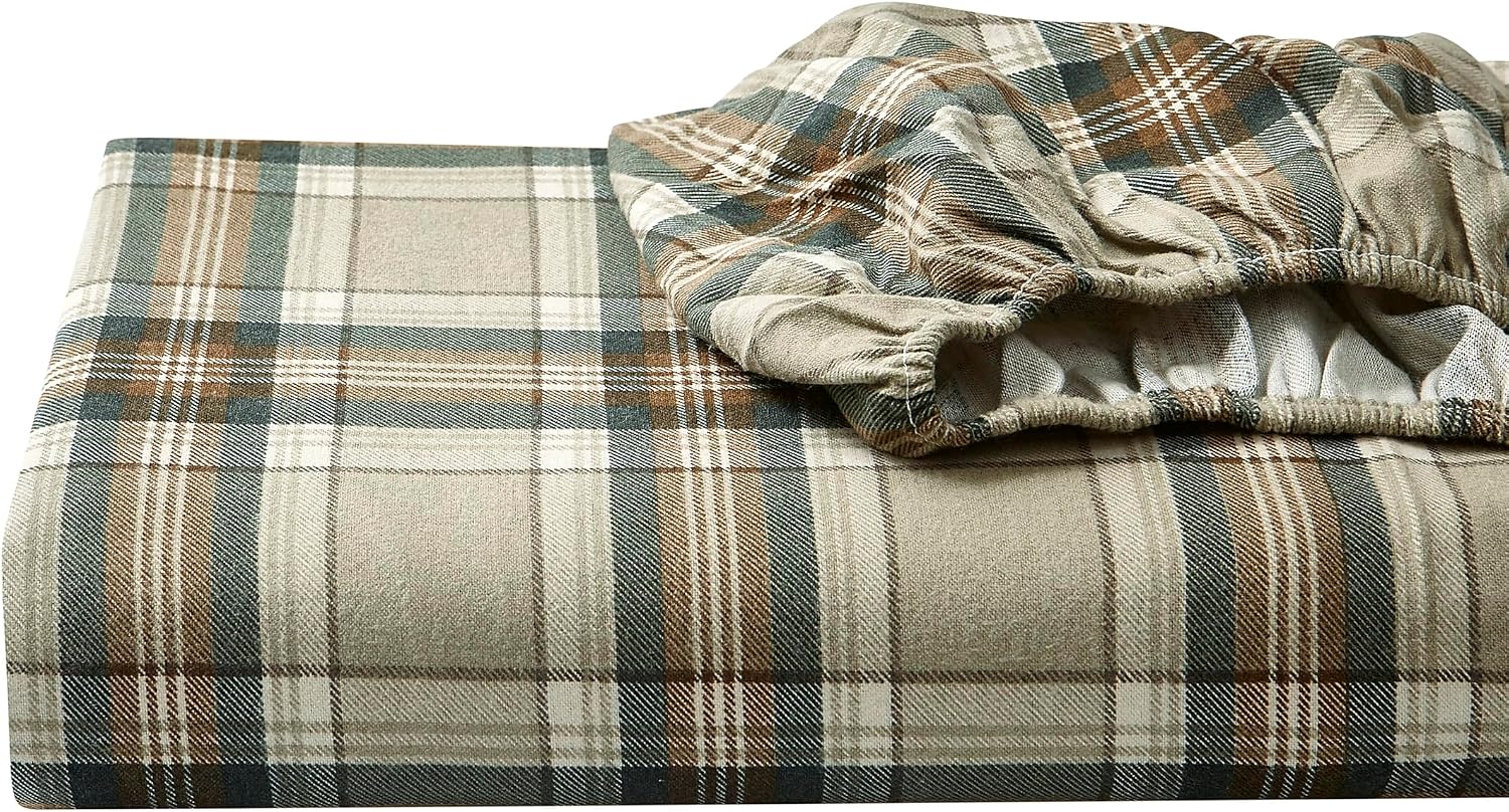 Eddie Bauer - Flannel Sheets King Size, Anti-Pilling & Wrinkle Resistant Cotton, Touchably Soft for All-Season Comfort - Bed Sheets with Matching Pillowcases & Fitted Sheet (Edgewood Plaid Green)