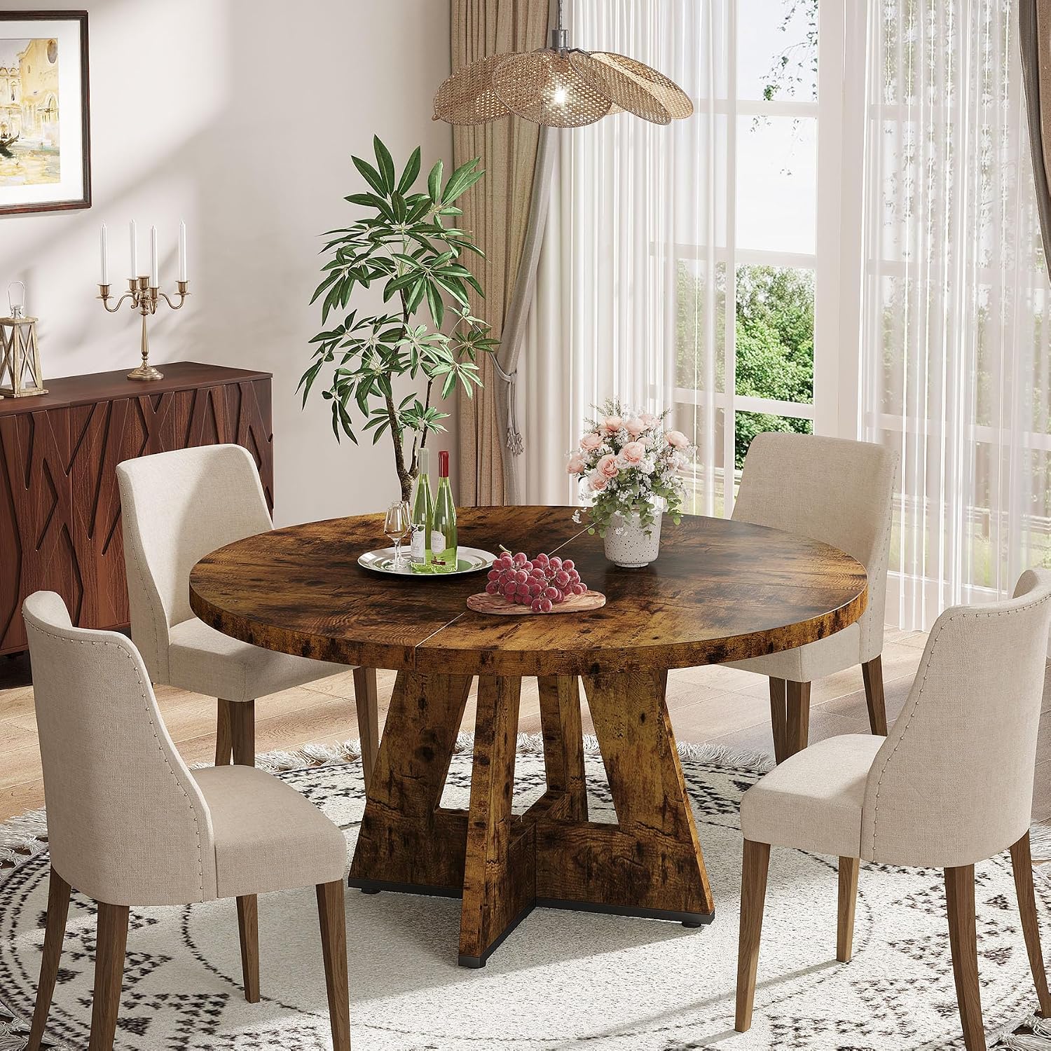 Tribesigns Farmhouse Dining Table, 47 Inch Round Dinner Table for 4, Rustic Round Dining Room Table for Home Dining Room Living Room (Dark Brown)