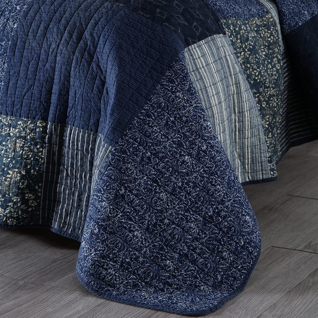 Yvooxny Quilts King Size Reversible Lightweight Bedspread 3-Piece Quilt Set Plaid Floral Patchwork 100% Cotton King Quilt Set Bedding Set with Pillow Shams for All Seasons, Azure Blue, 98x106''